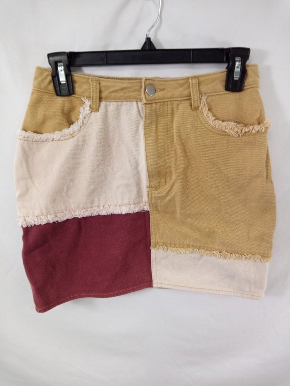 Blue Blush Women's Juniors Yellow Red Pink Patchwork Mini Jean Skirt Size Medium
